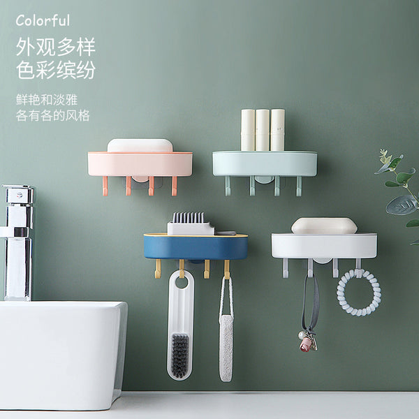 Self-Adhesive Soap Holder with Hooks Box Shape Plastic Bathroom Drain Tray