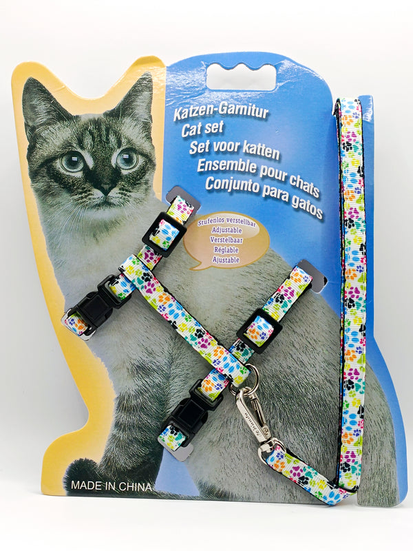 Adult Cat And Kitten White Harness with Leash Steel Hook Multi Paw Pattern
