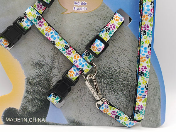Adult Cat And Kitten White Harness with Leash Steel Hook Multi Paw Pattern