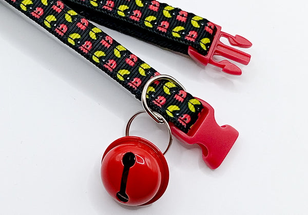 Quick Release Buckle and Red Big Bell Pet Cat Kitten Hand Made Pack Man Black Neck Collar