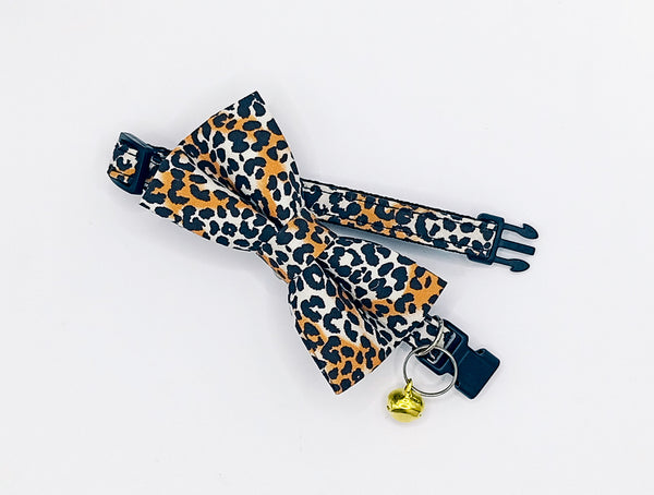 Cat Pet Kitten Hand Made Fabric Leopard Printed Bow Neck Collar With Golden Bell