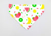 Fruit-themed bandana with watermelon, banana, and strawberry pattern on a white background