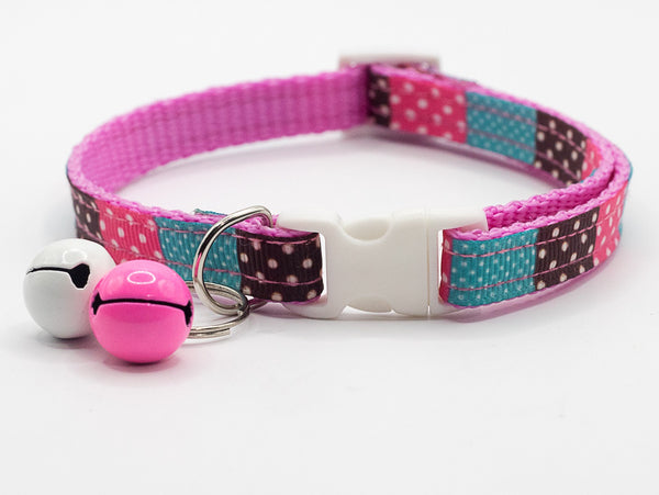 Dots Print Pet Cat Nylon Pink Neck Collar with Double Bell
