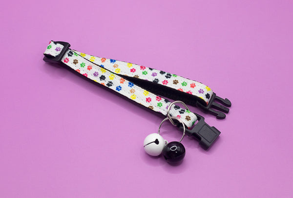 Pet Cat Neck Collar with Double Bell Multi Paw Print