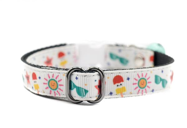 Cat collar with colorful floral design on a white background