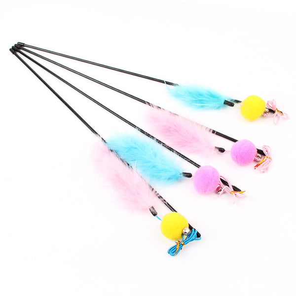 Elastic Rope Feather Furry Ball Cat Kitten Plastic Teaser Stick Toy